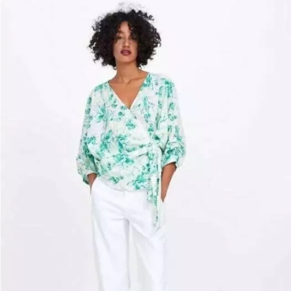 Zara | Floral Print Top Linen Blouse Wrap Kimono | Size M